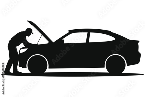 Silhouette of an auto mechanic repairing a car with an open hood. Car maintenance and vehicle service concept. Isolated on a white background