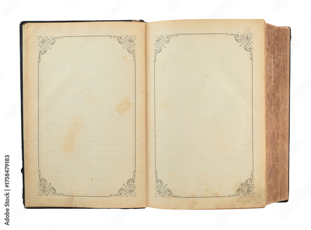Naklejka premium Open antique book with blank pages decorated by ornamental frame, isolated on transparent background