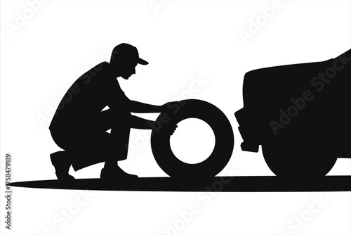 Silhouette of Mechanic Replacing Car Wheel – Vector Illustration of Auto Repair Technician Changing Tire During Vehicle Maintenance, Isolated Black and White Male Worker Automotive Service Concept