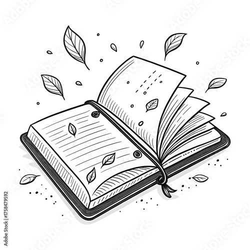 Open journal with falling autumn leaves hand drawn sketch