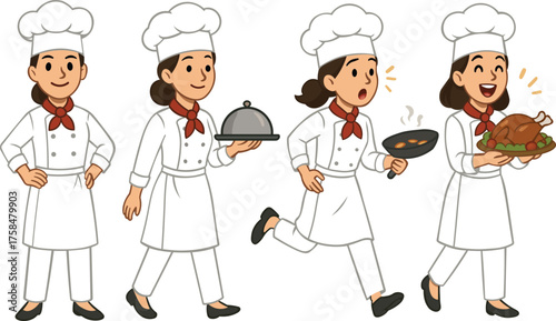 Female Chef Character Set in Various Cooking Poses — Cartoon Style Illustration