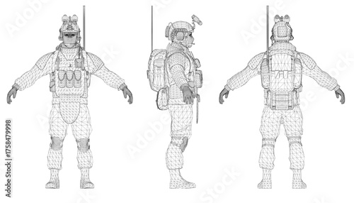 A soldier in full uniform strikes a confident pose while carrying a military bag and wearing a helmet. The 3D model is presented on a clean white background.