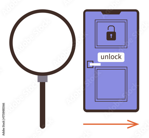Magnifying glass beside a locked door with unlock tag, representing investigation, discovery, access, problem-solving, opportunities, clarity, and unlocking potential. Simple flat metaphor