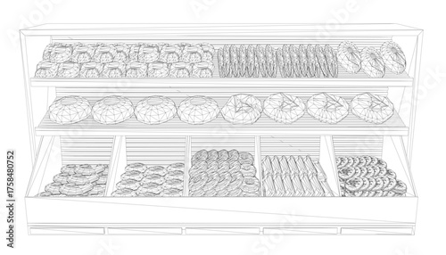 A black and white line drawing of a display case filled with various donuts arranged neatly on bakery racks. The wireframe style provides a clear view of the store products.