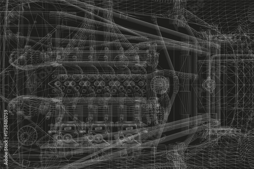Sports car engine 3D wireframe model on black background, detailed blueprint view with mechanical parts and transparent design.
