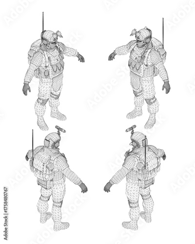 A soldier in full space uniform strikes a defensive pose with raised left hand and a gun in his right. The 3D model features a helmet, gas mask, and backpack against a white background.