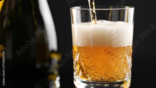 Pouring fresh beer into a glass close up view footage