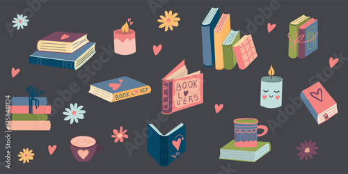Hygge style vector with books, tea, hearts and flowers — cozy Valentine composition for readers and love story atmosphere
