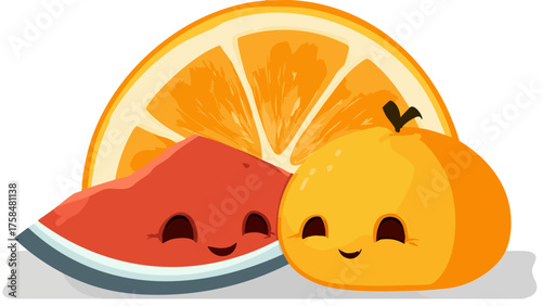 Happy Cartoon Fruits: Watermelon, Orange, Slice