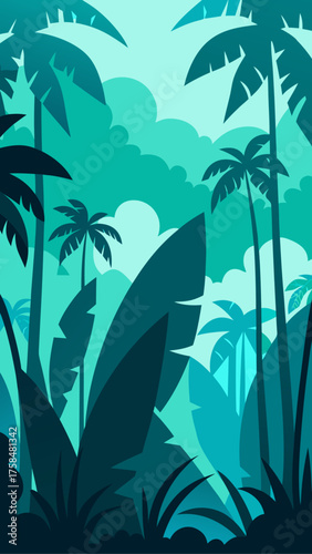 Illustration of a tropical jungle with palm trees