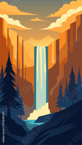 Waterfall between cliffs with trees and cloudy sky