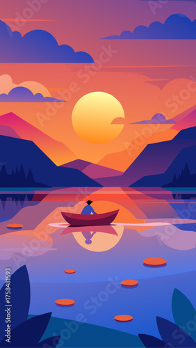 Person rowing boat on lake at sunset illustration
