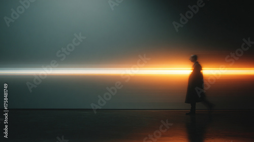 Hyperrealistic image of a blurred figure crossing a beam of light creating motion effect and dramatic atmosphere symbolizing speed, mystery, and cinematic storytelling