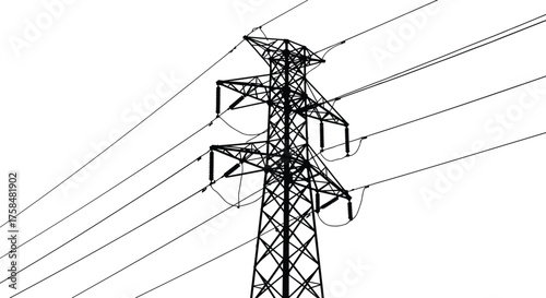 High voltage power transmission tower with electric lines, detailed black and white vector illustration showing industrial energy infrastructure and electricity distribution network