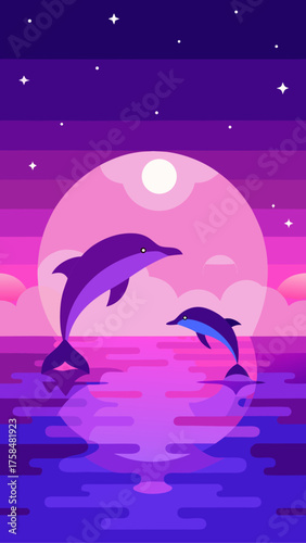 Two dolphins jumping in the ocean at sunset night