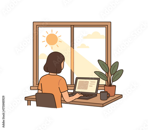 window with sunlight remote work flat vector illustration style isolated on white background