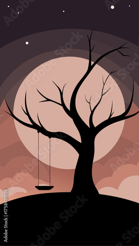 Silhouette of a tree with swing against a full moon
