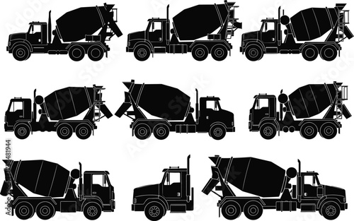 Cement mixer truck silhouettes, construction vehicle vector set, industrial transport icons, concrete mixing trucks, side view, black isolated illustrations