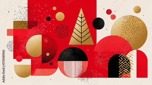 Bold red and gold abstract art composition with geometric forms and textured gradients, ideal for modern wall art, festive marketing visuals, and creative print design