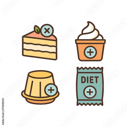 outline colorful icon 4 isolated on transparent background flat vector illustration style sugar free desserts theme including sugar free cake slice frozen yogurt cup low sugar pudding and
