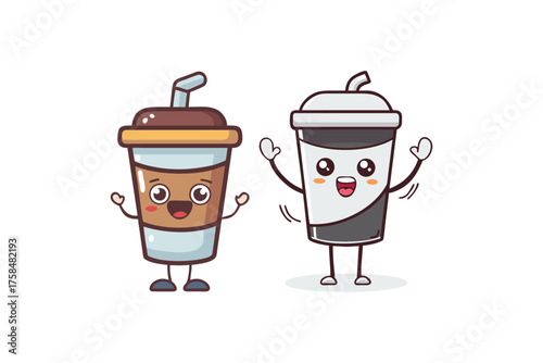 Two adorable cartoon drinks with happy faces waving cheerfully together