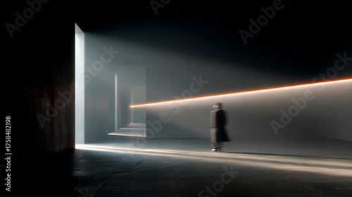 Hyperrealistic image of a blurred figure crossing a beam of light creating motion effect and dramatic atmosphere symbolizing speed, mystery, and cinematic storytelling