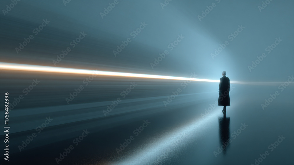 Fototapeta premium Hyperrealistic image of a blurred figure crossing a beam of light creating motion effect and dramatic atmosphere symbolizing speed, mystery, and cinematic storytelling