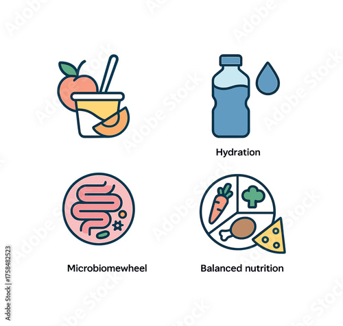 outline colorful icon 4 isolated on transparent background flat vector illustration style digestion support theme including gut friendly snack hydration icon microbiome wheel and balanced