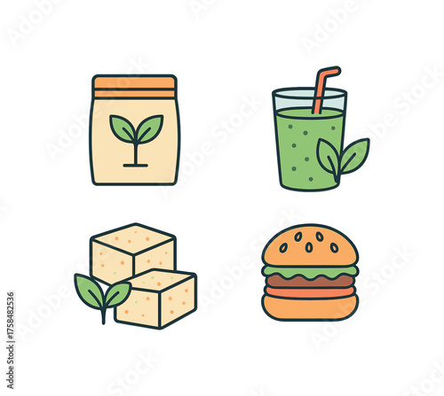 outline colorful icon 4 isolated on transparent background flat vector illustration style plant based theme including plant protein pack green smoothie tofu and plant based