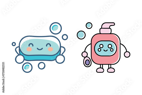 Cute cartoon soap and hand sanitizer characters with bubbly designs