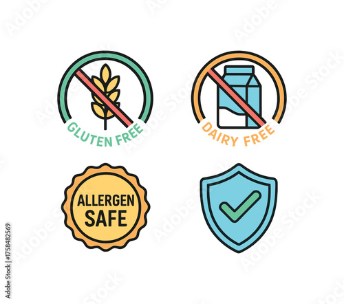 outline colorful icon 4 isolated on transparent background flat vector illustration style allergen free theme including gluten free and dairy free label allergen crossed icons allergen safe