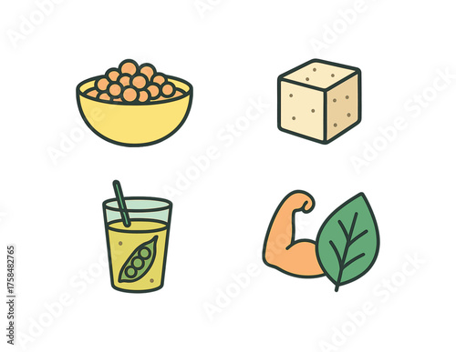 outline colorful icon 4 isolated on transparent background flat vector illustration style plant protein theme including lentil bowl tofu cube pea protein drink and strength leaf icon
