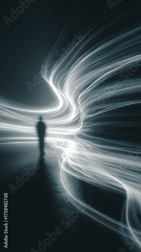 Hyperrealistic image of a blurred figure crossing a beam of light creating motion effect and dramatic atmosphere symbolizing speed, mystery, and cinematic storytelling