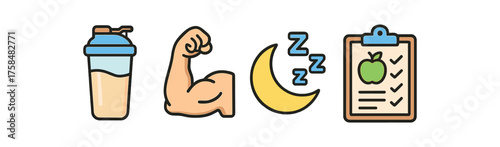 outline colorful icon 4 isolated on transparent background flat vector illustration style muscle recovery theme including post workout drink muscle moon sleep icon and nutrition plan board