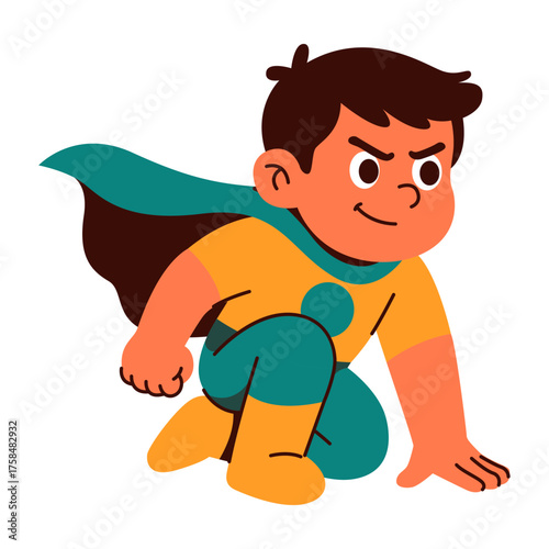 Focused Superhero Boy in Crouch Ready to Leap