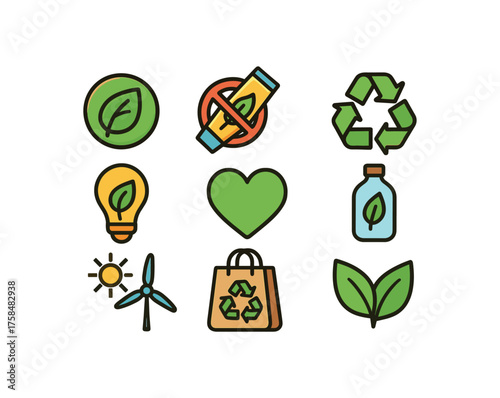 eco colorful icon set with bold outline style including fluoride free isolated on white background