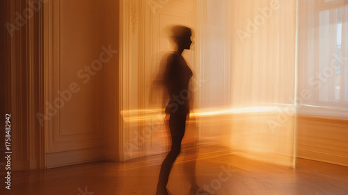Hyperrealistic image of a blurred figure crossing a beam of light creating motion effect and dramatic atmosphere symbolizing speed, mystery, and cinematic storytelling