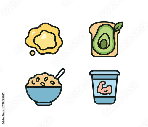 outline colorful icon 4 isolated on transparent background flat vector illustration style protein breakfast theme including scrambled eggs avocado toast oat bowl and protein rich yogurt jar