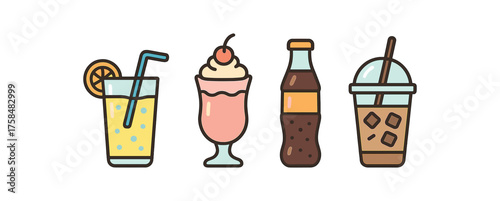 outline colorful icon 4 isolated on transparent background flat vector illustration style drinks theme including lemonade glass with straw milkshake with cherry soda bottle and iced coffee