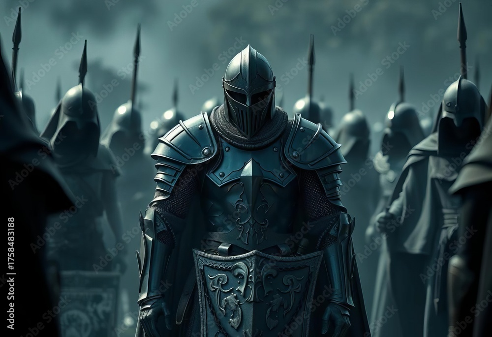 Fototapeta premium A lone black knight, armor battered, encircled by shadowy figures, vulnerable, trapped