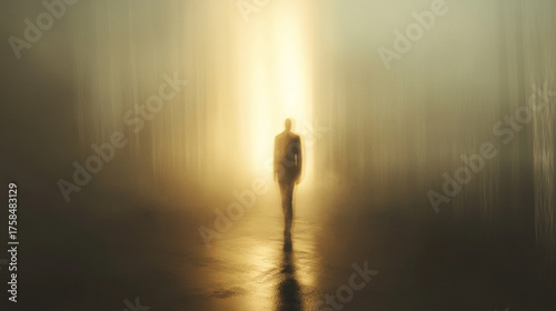 Hyperrealistic image of a blurred figure crossing a beam of light creating motion effect and dramatic atmosphere symbolizing speed, mystery, and cinematic storytelling