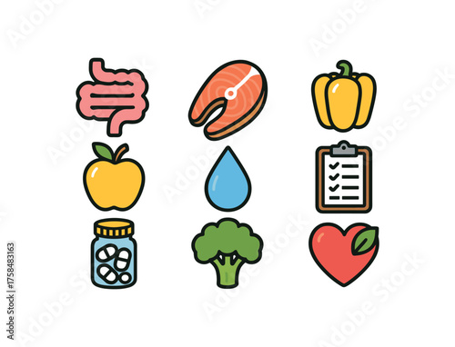 food nutrition colorful icon set with bold outline style including gut health isolated on white background