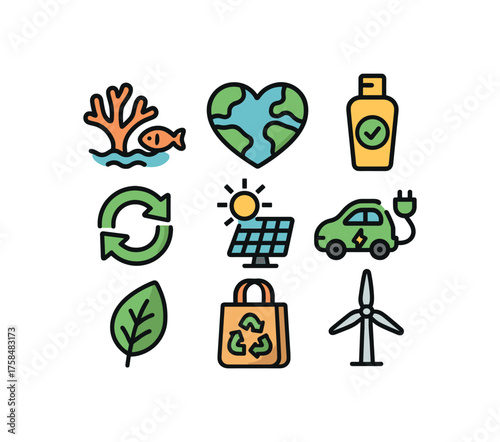 eco colorful icon set with bold outline style including reef friendly isolated on white background