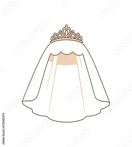 veil and tiara wedding flat vector illustration style isolated on white background