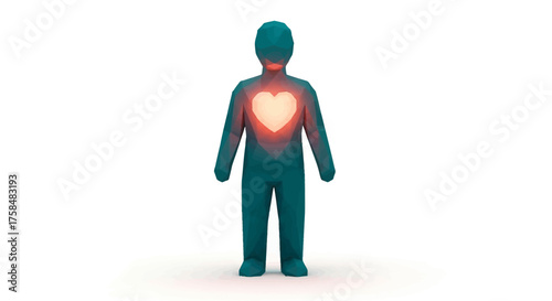 A stylized humanoid figure showcasing a bright, glowing heart within the torso, representing cardiovascular health or deep emotion