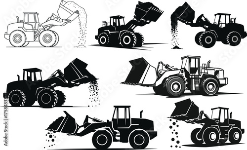 Construction loader vector set, heavy machinery illustration, front-end scoop vehicle, silhouette and line art, industrial equipment, excavation, dirt transport, engineering