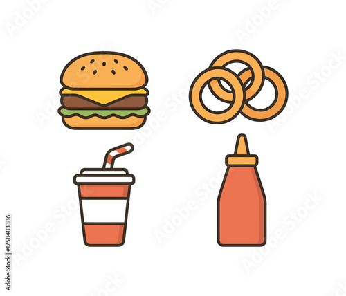 outline colorful icon 4 isolated on transparent background flat vector illustration style bar theme including cheeseburger onion rings soda cup and ketchup bottle
