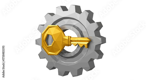 Intricate metallic gear and golden key icon representing system configuration, secure access, and problem-solving solutions in technology and industrial settings, symbolizing innovation and efficiency