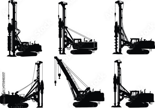 Construction machinery silhouettes, pile driving rigs, drilling equipment, foundation machines, crawler rigs, industrial engineering tools, vector illustration for geotechnical, civil