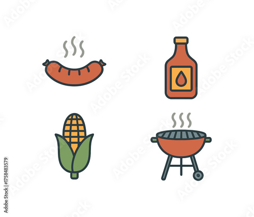 outline colorful icon 4 isolated on transparent background flat vector illustration style grill party theme including grilled sausage barbecue sauce bottle corn on cob and charcoal grill